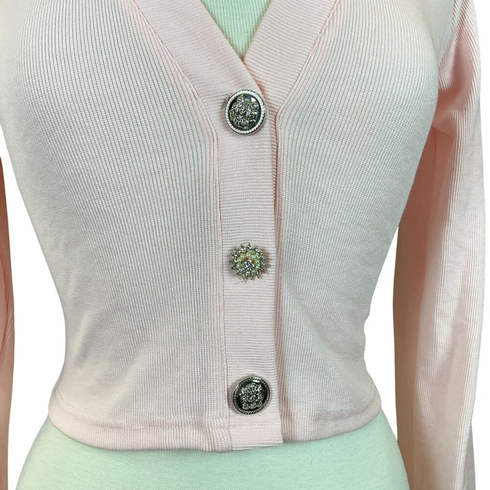 Hot & Delicious Cropped Ribbed Lt Pink Cardi Decorative Buttons Epaulettes L NWT - Picture 2 of 9